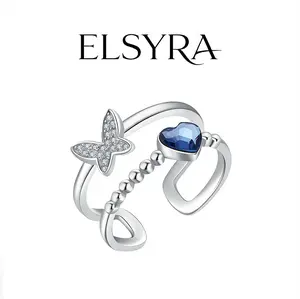 Elsyra S925 Sterling Silver Ring, The Romantic Butterfly Blue heart, Adjustable Size Design Ideal Gifts for Your Loved Ones birthdays, anniversaries, or precious moments, it carries warmth charm for for Valentine's Day, Mother's Day, and Wedding, daily