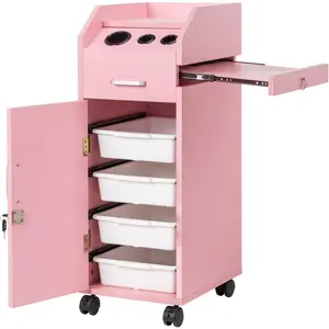 Hair Salon Storage Cart with Wheels & 3 Hair Dryer Holders & 4 Drawers & Lock & 2 Keys, Hairdressing Tools Station Mobile Makeup Case pink Organizer
