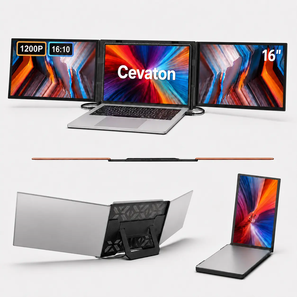 Cevaton S12 16" Dual Laptop Screen Extender, 1920 × 1200 16:10 IPS Portable Monitor for Laptop, 350 Nits, Freestanding Triple-Screen Workstation, USB-C/HDMI, Two Video Outputs Required,#TikTokBackToSchool