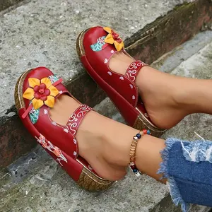 Women's shoes floral platform heightened wedge heels, lightweight closed toe casual loafers with PU sole and man-made materials