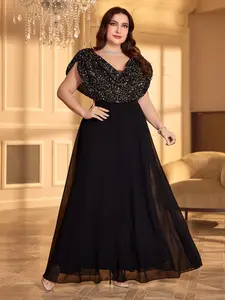 【Plus Size】 Glitter Sequins Chiffon Overlay Evening Dress, Formal Wear, Elegant Sweetheart Neck Sleeveless Evening Party Gown, Women's Clothes for Summer, Womenswear