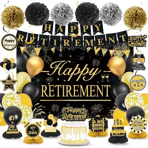 Black Gold Happy Retirement Party Decorations Set for Men Women Including Banner Backdrop Balloons Paper Pompoms Honeycomb Centerpiece Cake Topper Hanging Swirl