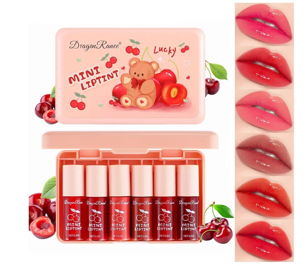 Korean Velvet Lip Stain Set - 6 Colors Non-Stick Tinted Lip Gloss Long Lasting Mini Liquid Lipstick for Lips and Cheek - High Pigment and Vivid Cherry Color - Makeup Cosmetic long-lasting cruelty free Glossy Lip Care