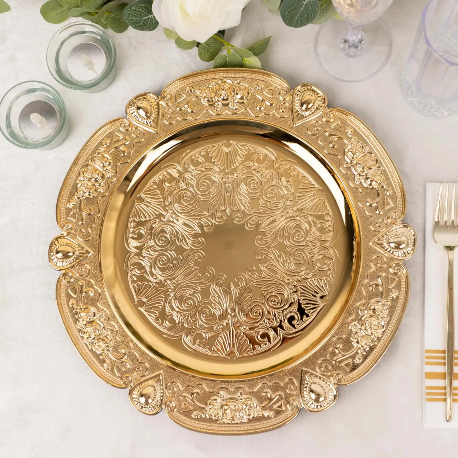 Charger Plates Set, 6-Pack 13" Acrylic Round Gold Floral Embossed Scalloped Rim Plastic Elegant Gold Tone Decorated Festive Tableware, Elegant Plates, Gold Tone Plates