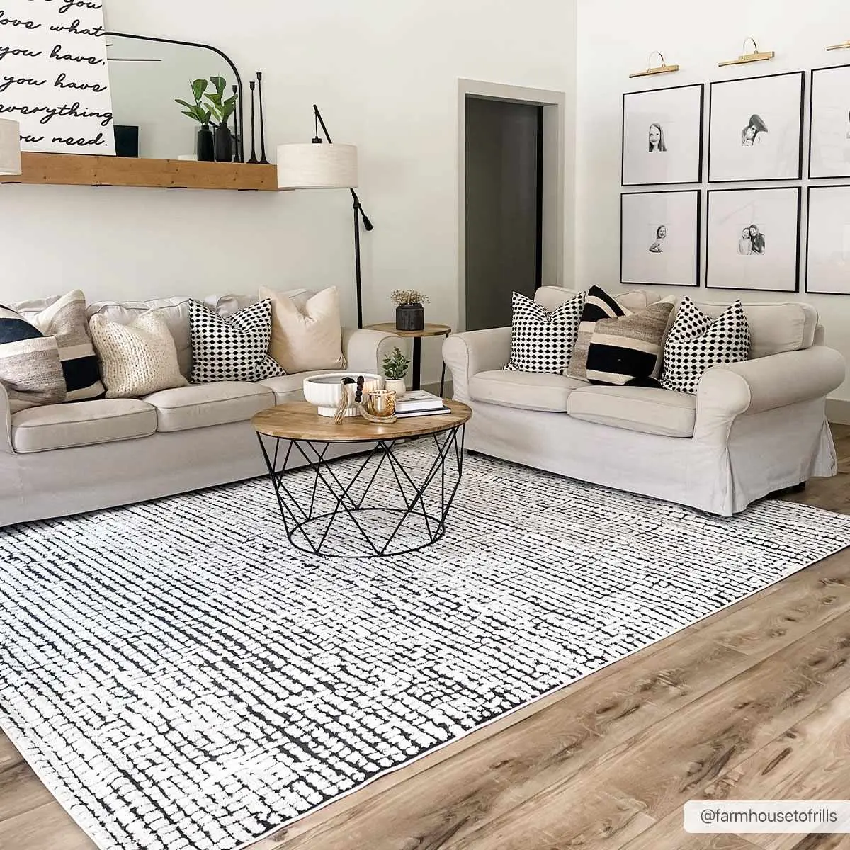 Keita Cream & Black Grid Plush Rug, Turkey Woven Living Room Rug with Plush Underfoot Feel, Suitable for Mild Detergent Care, Living Room Rugs