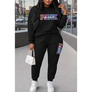Women's Colorful Pink Print Crewneck Sweatshirt and Drawstring Track Pants Set, Casual Sportswear, Long-Sleeve Round Neck Top and Pants, Suitable for Spring, Autumn and Winter, Everyday Wear