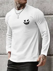 Men's Round Neck Long Sleeve T-Shirt, Evil Smile Print Design, Casual Fashion Pullover, Soft Comfortable Knit Spring & Fall Wear, Menswear