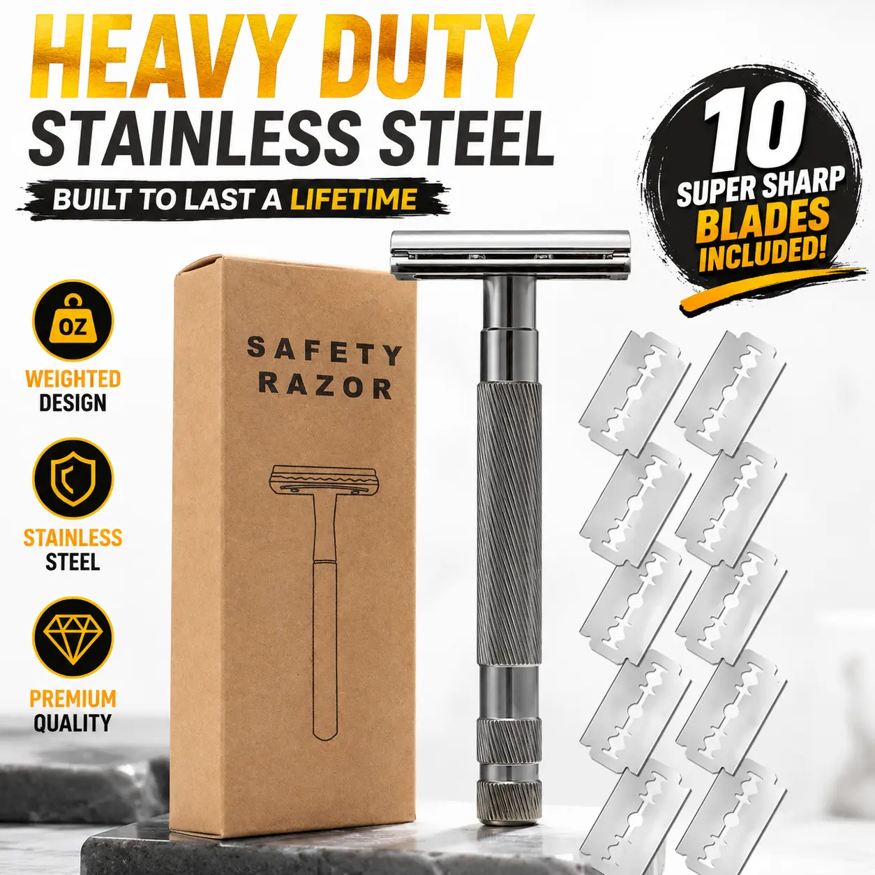 Men's Classic Double-Edge Double-Sided Safety Razor with Durable Weighted Alloy Handle - Traditional Design for Smooth Shave, Includes 10 Blades, All Metal Shaver, Daily Shaving Tool, Stick, Unscented, Manual Shaving, Single Item