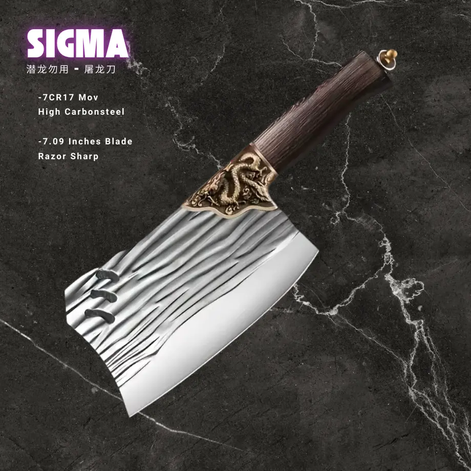 Sigma High Carbon Steel 7 Inch Bone Chopping Knife with Dragon Embossment, Stainless Steel Forged Meat Cleaver, Chinese Restaurant Chef Utility Knife