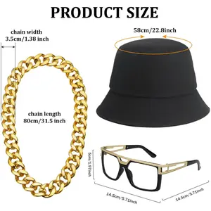 3 Pack 80s/90s Rapper Costume Accessories with Fisherman Hat Sunglasses, Gold Chain Necklace for Men Women Beauty & Personal Care
