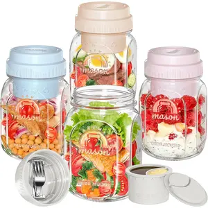 [UPGRADE] 4 Pack Glass Salad Container for Lunch, Salad Jars with  Dressing Cup & Airtight Lid & Fork for Meal Prep, Wet/Dry Separation Divider for Salad Dressing and Dry Ingredients Mason Jar