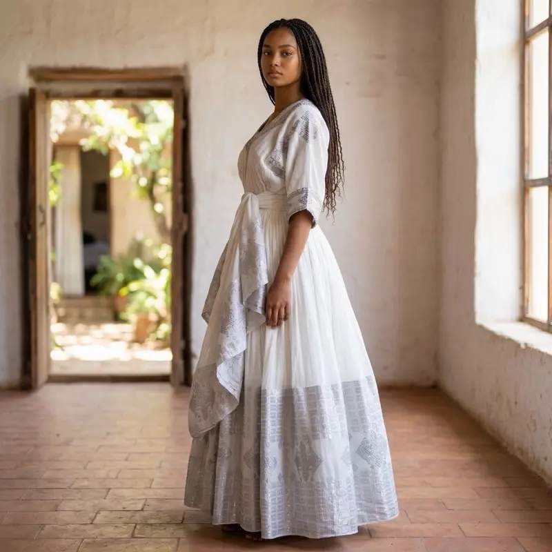 Habesha dress , Ethiopian and Eritrean traditional dress እጅ ጥልፉ white Ethiopian dress ነጭ በነጭ