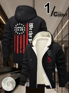 Men's 1776 American Independence Day Fleece Jacket, Fitted Long Sleeve Vintage Distressed Flag Hooded Zipper Military Style Warm Top for Winter Casual Wear
