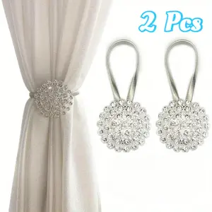 2 Pcs Magnetic Tiebacks for Curtains, Sparkling Crystal Flower Curtain Tiebacks Curtain Buckle Clips with High-Elastic Spring Wire for Home Office Decoration