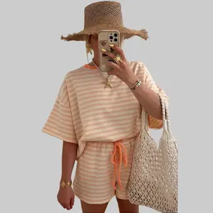 Women's Striped Contrast Neck Loose Top and Drawstring Shorts Matching Set - 95%Cotton+5%Elastane Fabric, Relaxed Fit Casual Summer Clothes, Lady, Round Neck
