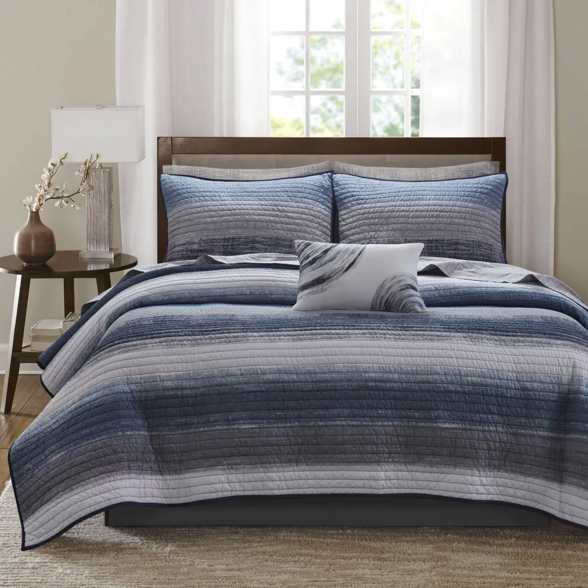 Madison Park Essentials MPE13-1215 8-Piece Casual Cal King Watercolour Microfiber Blend Quilt Set with Anti-Microbial Treatment, 104x92 in. Cotton Bed Sheets, Navy, All Seasons, Machine Washable