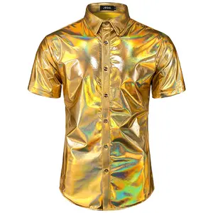 JOGAL Men's 70s Disco Shiny Metallic Gold Silver Short Sleeve Button Down Shirt