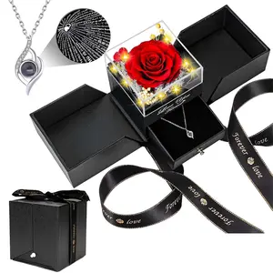 Preserved Red Real Rose with Heart I Love You Necklace -Eternal Flowers Rose Birthday Gifts for Women Her Mom Wife Girlfriend Grandma on Valentines Mothers Day Christmas Anniversary Romantic-Red