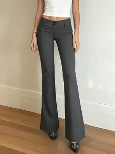 Striped Low Waist Button Flare Pants Y2K Vintage Street Fashion Streetwear, Basic Versatile Commuter Casual Spring Summer Woven Pants for Women