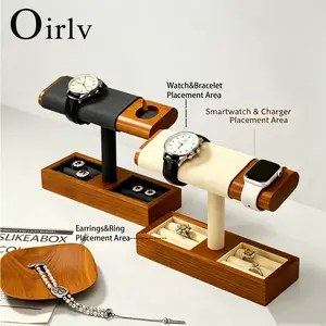 Oirlv Wooden Watch Display Stand Superfiber Jewelry Organizer Rack Smart Watch Charger Holder For Men Women Desk Storage For Rings Earrings Bracelets