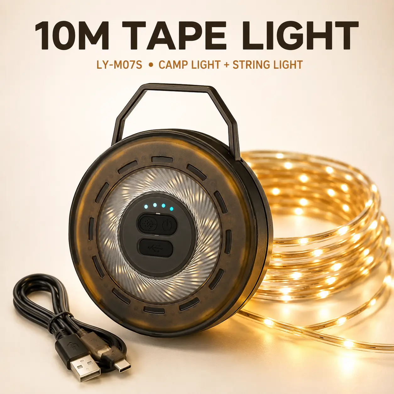 10m/20m Retractable String Lights, Hand-Crank Reel LED Lights, USB-C Charging & Separate Light Controls for Camping, Patio & Outdoor