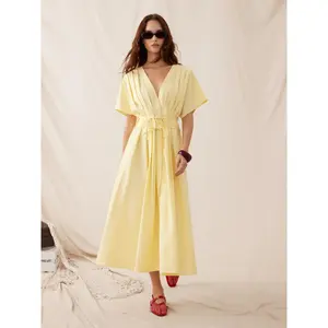 Cider Linen-blend V-neck Pleated Knotted A-line Maxi Dress