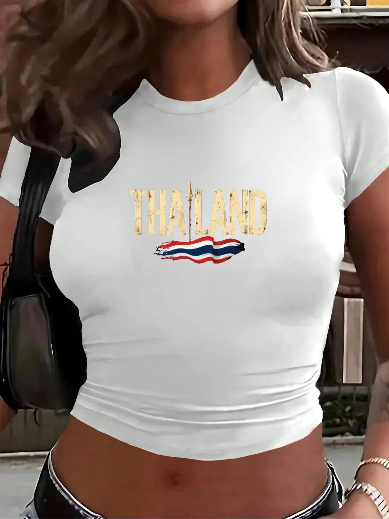 Women's Short Sleeve T-Shirt with Thailand Flag Print, Y2K Style Summer Graphic Tee, Casual Fashion for All Seasons