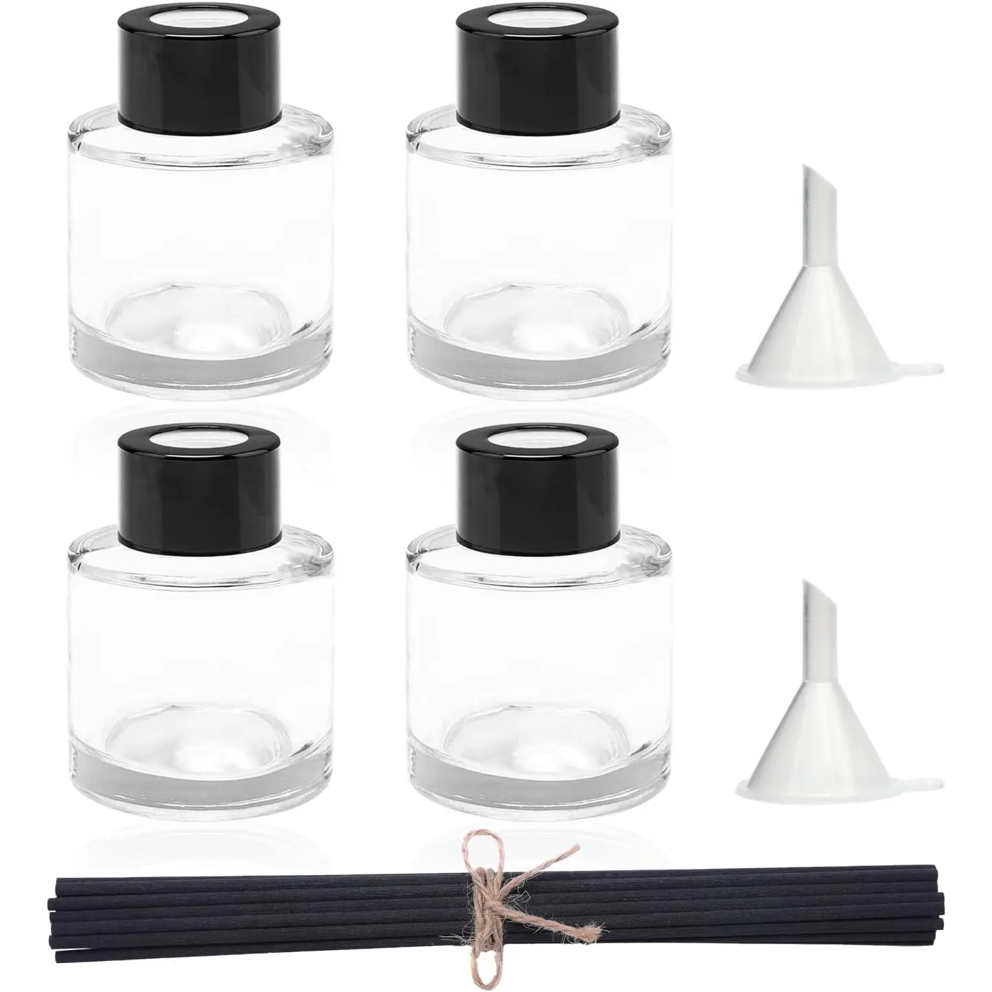 4 count Refillable  Glass Diffuser Bottles with 20 count Reeds Sticks & Black Caps & Funnel, Diffuser Jars for  Oil  Decoration Girl Women  (50ML)