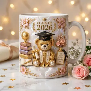 Class of 2026 Teddy Bear Graduation Mug, 2D Printed 3D Effect Floral Quote Coffee Cup, Cute Keepsake Mug for High School or College Graduates, Inspirational Student Coffee Mug, Perfect Graduation Day Gift from Family and Friends