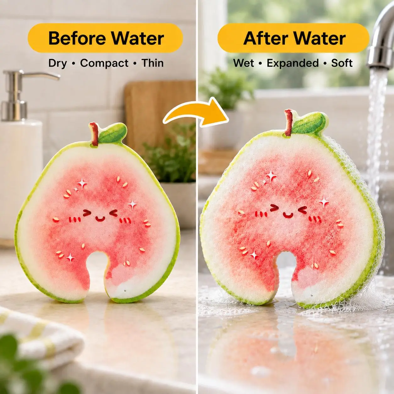 Compressed Cellulose Sponges - 3-Pack Fruit-Shaped Natural Pop-Up Kitchen Sponges, Compostable Plant-Based Non-Scratch Cleaning Tools for Dishes & Household Use