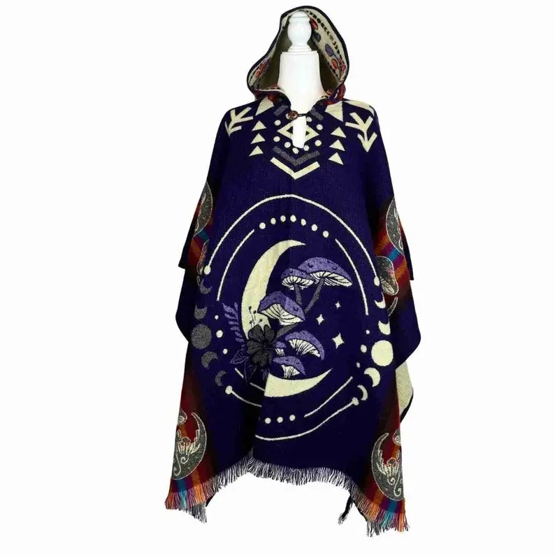 Mushrooms & Moon Phases Mens Alpaca Wool Poncho Hoodie - Warm Hooded Cape Jacket - Soft Hippie Poncho Women