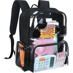 Clear Backpack Heavy Duty,18'' Large Clear Backpack with Multiple Pockets,See Through Bookbag for Boys & Girls,College Work ,Black