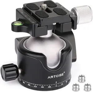 ARTCISE EB46 46mm Low Profile Tripod Head with 3 Screw Adapter 3/8 to 1/4 Professional Aluminium 360 Rotating Panoramic Ball head Max Loading 44lbs/20kg