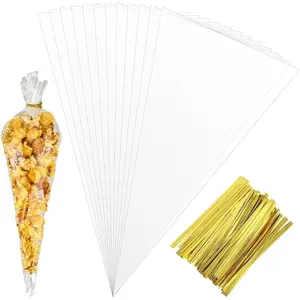 100Pcs Cone Shaped Treat Bags, 6x12 Inches Christmas Candy Transparent Celloph Bags, Cone Bags with Twist Ties, Clear Cone Snack Bags for Gift Giving, Packaging Snack, Popcorn Favor