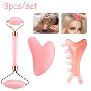 3-piece set of facial massage tools, heart-shaped powder crystal roller massage board set, including double headed facial massage rollers, heart-shaped scraping board, and massage comb, used for non jade scraping of aging wrinkles and swelling
