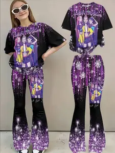 3D Cartoon Girl Group Set, Glitter Fringe Short Sleeve Bell Pants, Sweet Cool Badass Casual Two-Piece