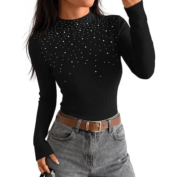 ZESICA Women's Long Sleeve Mock Neck Knit Sweater Tops | Fall Fashion Clothing, Rhinestone Decorations, Slim Fit, Going Out Tops, Trendy Clothes, Business Casual Outfits, Y2k Outfits
