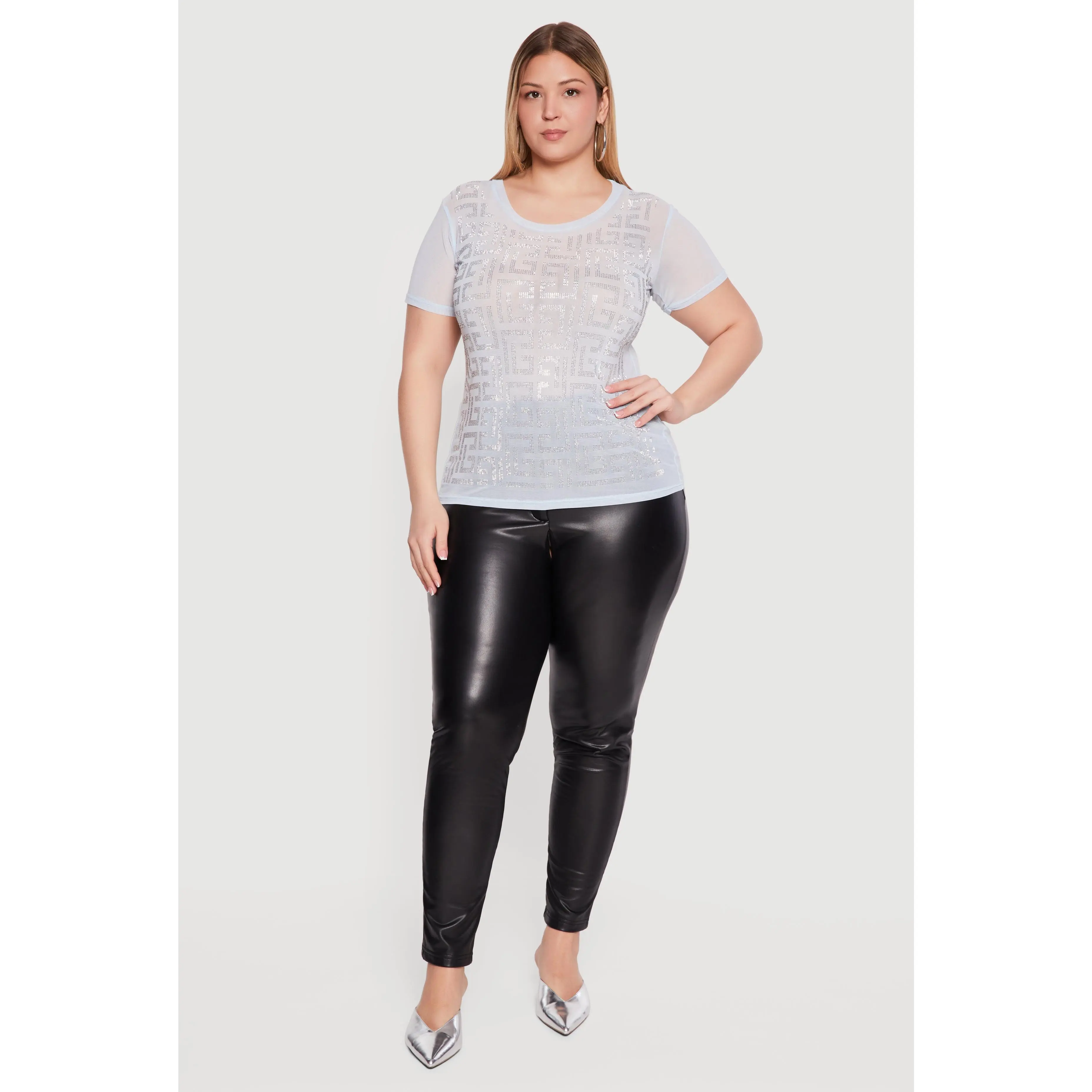 Plus Size Mesh Greek Key Rhinestone Top