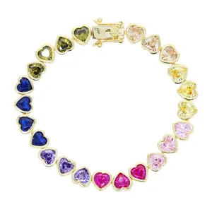 2026 New Iced Out AAA Cubic Zirconia Heart Tennis Chain bracelet Color Rainbow CZ Charm Choker Hip Hop Jewelry For Women