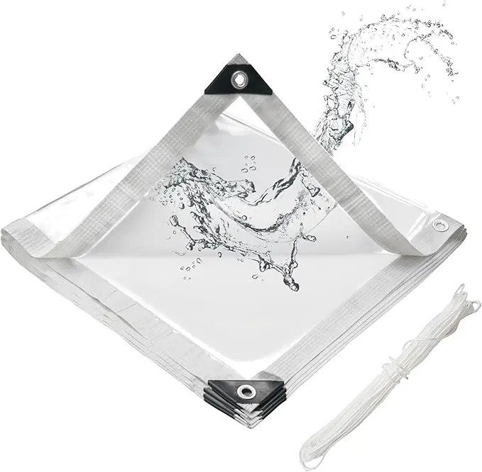 10x13 FT Thick Plastic Single Sheet Heavy-Duty Transparent PVC Vinyl Rain Tarp, Outdoor Canopy Cover with Reinforced Metal Grommets & 16.4FT Tie Rope, Waterproof Cold-Resistant Dustproof Pouch for Patio Enclosure, Outdoor Defense