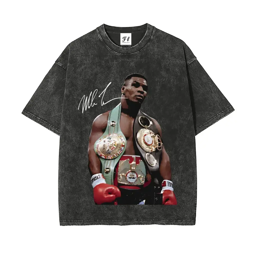 Mike Tyson 90s Vintage Boxing Sport Legend Oversized Crewneck Short-Sleeve Casual Loose Batik Cotton Washed T-Shirt - Unisex, Super Soft, Pre-Shrunk Menswear Top, Shortsleeve, Round Neck, Tshirt, 90S Graphic Tees, Unisex Basic
