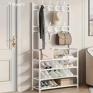 Multi-Purpose 4-Tier Metal Shoe Organizer Rack with 8 Hooks, Stainless Steel, Ideal for Home, Dormitory, and Rental Properties