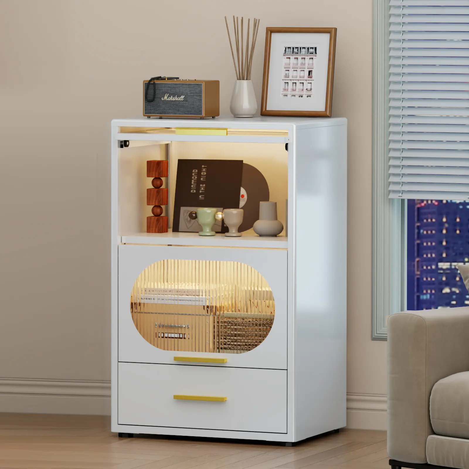 Metal Kitchen Storage Cabinet with Flip-Up Translucent Doors Freestanding Steel Unit with Drawers for Bathroom Living Room Ideal for Small Spaces Apartment Furniture Space-Saving Magnetic Closure & Adjustable Feet