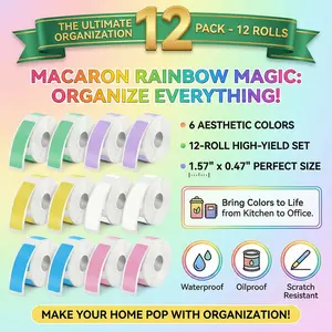 12 Rolls Multi Color P15 Thermal Label Tape 12x40mm Multi Purpose Adhesive Stickers for Home Kitchen Office Organization Waterproof Color Coding Labeling RefillRoll Bulk Stationery Supplies for P15 portable daily rediy decorasticker book long-lasting card