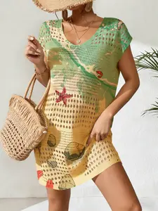 Women's Elegant Cartoon Beach Wave Animal Shrimp Crab Fish Shell Print Hollow Out Knit Dress, Casual Round Neck Short Sleeve Sweater