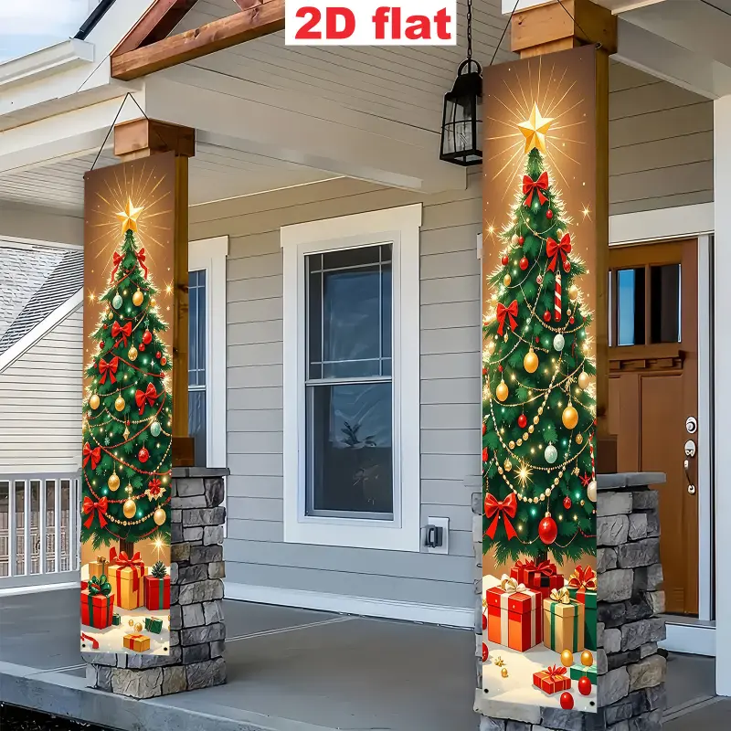 2Pcs Printed Polyester Christmas Porch Banner Set - Lightweight Weatherproof Plastic, Wrinkle Resistant, High Color Fastness, Bright Fiber, No-Install Hanging Festival Style Christmas Decor for Home Outdoor Use