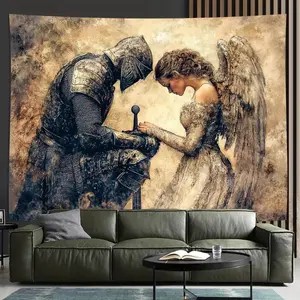 1pc Vintage Polyester Knight and Angel Tapestry, Pre-Prayer Scene Wall Hanging for Living Room, Bedroom, Office, Party Decor, Ideal Creative Gift - No Electricity Needed, Featherless