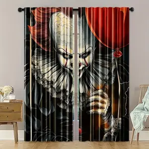 Horror Clown and Balloon Door Curtain Set, Washable Polyester Curtains, Home Decor, 2 Pieces, Digital Print, Window Curtain