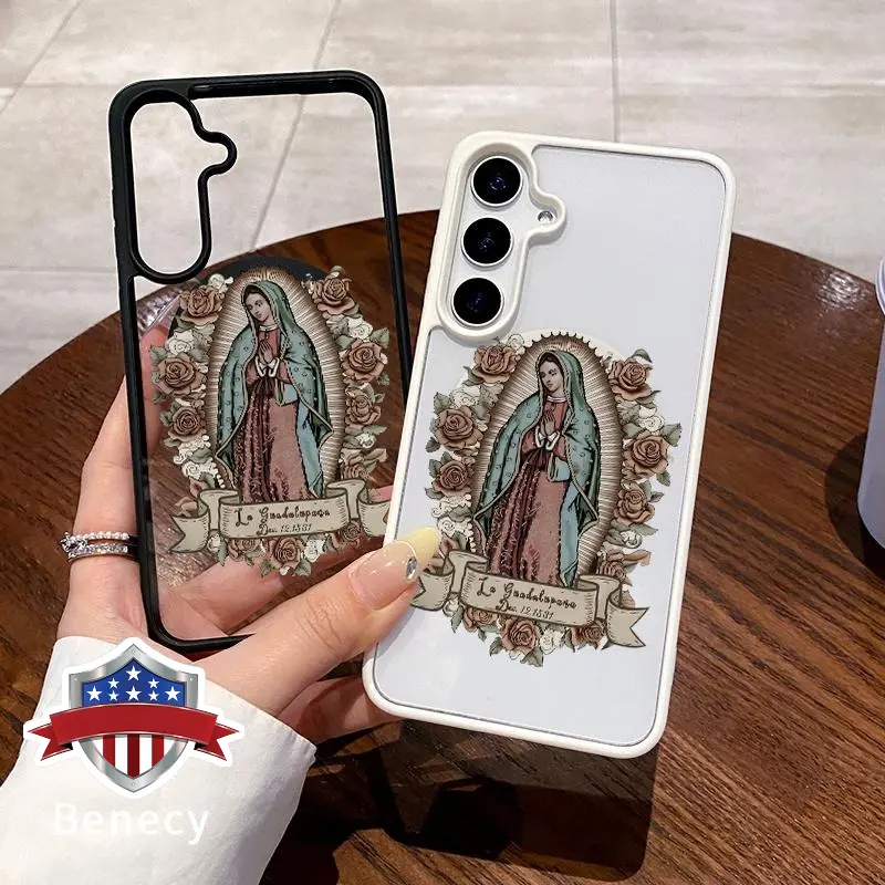 Virgin Mary Pattern Phone Case Compatible with Galaxy S23 Ultra S24 Plus FE S25 S22+ Anti-Yellowing Shockproof Lightweight Transparent Acrylic Soft Cover Supports Wireless Charging