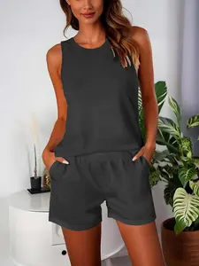 New European and American Women's Fashion, Casual Fitted 2 Piece Set, Ladies Tank Top Shorts Set, Round Neck Crop Top and Hot Pants Set, Summer